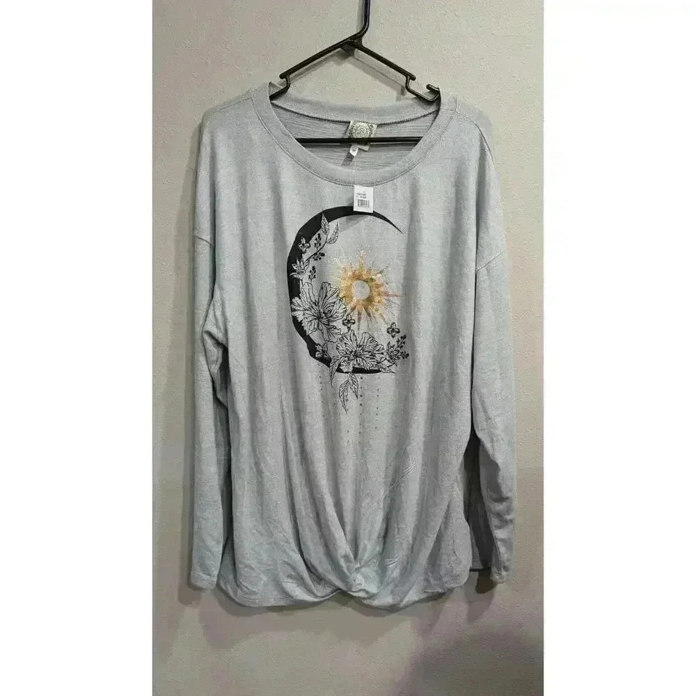 Women's light long sleeve top w/ floral moon design gold & black by Trueself 2XL